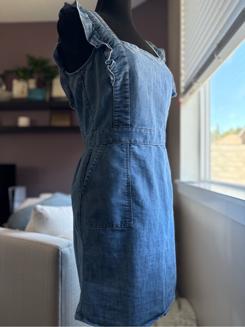 Japna Sleeveless Light Blue Denim Mini Dress Ruffle Straps Pockets Smocking - Picture 7 of 16